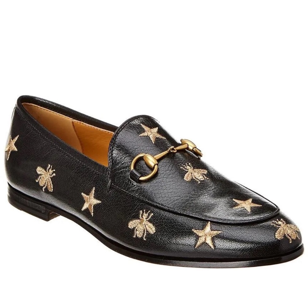 GUCCI Jordaan Goatskin Bee Star Embroided Loafers